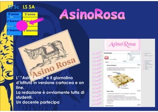 LS Sc LS SA
5°anno
 °        5°anno
           °

2°biennio 2°biennio
 °         °


1°biennio 1°biennio
 °         °




     L’ ”Asino Rosa” è il giornalino
     d’istituto in versione cartacea e on
     line.
     La redazione è ovviamente tutta di
     studenti.
     Un docente partecipa
 