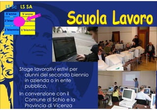 LS Sc LS SA
5°anno
 °        5°anno
           °

2°biennio 2°biennio
 °         °


1°biennio 1°biennio
 °         °




         Stage lavorativi estivi per
           alunni del secondo biennio
           in azienda o in ente
           pubblico.
         In convenzione con il
            Comune di Schio e la
            Provincia di Vicenza
 