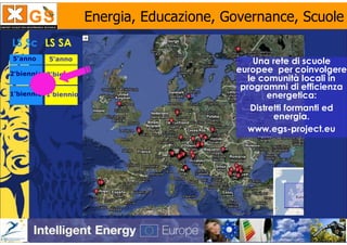 Energia, Educazione, Governance, Scuole
LS Sc LS SA
5°anno
 °        5°anno
           °                                    Una rete di scuole
2°biennio 2°biennio
 °         °
                                            europee per coinvolgere
                                               le comunità locali in
                                             programmi di efficienza
1°biennio 1°biennio
 °         °                                        energetica:
                                                Distretti formanti ed
                                                      energia.
                                               www.egs-project.eu
 