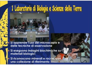Si apprende l'uso del microscopio e
delle tecniche di osservazione
Si eseguono indagini biochimiche su
materiali biologici
Si riconoscono minerali e rocce, con
una collezione di riferimento
 