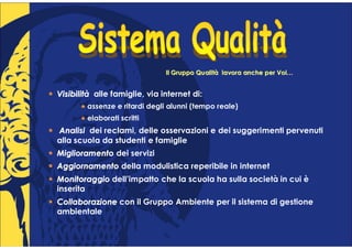 Il Gruppo Qualità lavora anche per Voi…
                                  Gruppo Qualità                  Voi…


Visibilità alle famiglie, via internet di:
Visibilità
        assenze e ritardi degli alunni (tempo reale)
        elaborati scritti
Analisi dei reclami, delle osservazioni e dei suggerimenti pervenuti
alla scuola da studenti e famiglie
Miglioramento dei servizi
Aggiornamento della modulistica reperibile in internet
Monitoraggio dell’impatto che la scuola ha sulla società in cui è
inserita
Collaborazione con il Gruppo Ambiente per il sistema di gestione
ambientale
 