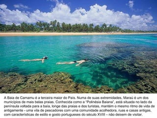 A Baia de Camamu é a terceira maior do País. Numa de suas extremidades, Maraú é um dos municípios de mais belas praias. Conhecida como a “Polinésia Baiana”, está situada no lado da península voltada para a baía, longe das praias e dos turistas, mantém o mesmo ritmo de vida de antigamente - uma vila de pescadores com uma comunidade acolhedora, ruas e casas antigas, com características de estilo e gosto portugueses do século XVIII – não deixem de visitar. 