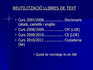 REUTILITZACIÓ LLIBRES DE TEXT Curs 2007/2008.................. Diccionaris català, castellà i anglès Curs 2008/2009.................. CM (LOE) Curs 2009/2010.................. CS (LOE) Curs 2010/2011 ................. Ciutadania (6è) Quota de reciclatge és de 26€ 