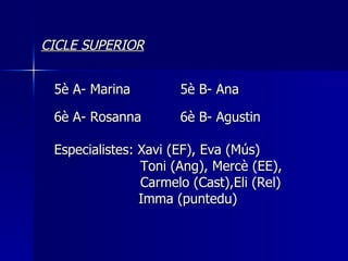 CICLE SUPERIOR 5è A- Marina 5è B- Ana 6è A- Rosanna 6è B- Agustin Especialistes: Xavi (EF), Eva (Mús)   Toni (Ang), Mercè (EE),    Carmelo (Cast),Eli (Rel) Imma (puntedu) 