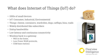What does Internet of Things (IoT) do?
• 1000s of small devices
• IoT: Consumer, Industrial, Environmental
• Things: cheese, containers, wardrobes, dogs, catflaps, bins, roads
• Widely distributed like subscribers
• Dialup bandwidths
• Low latency and continuous connectivity
• Wireless back to a gateway:
• Wifi in the home,
• Low-Power WAN protocols,
• GSM base stations
 