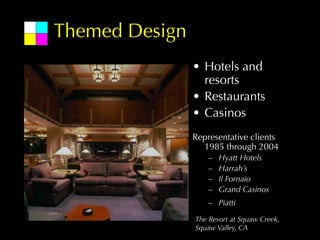 Themed Design
                • Hotels and
                  resorts
                • Restaurants
                • Casinos
                Representative clients
                  1985 through 2004
                    –   Hyatt Hotels
                    –   Harrah’s
                    –   Il Fornaio
                    –   Grand Casinos
                    – Piatti

                The Resort at Squaw Creek,
                Squaw Valley, CA
 