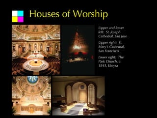 Houses of Worship
              Upper and lower
              left: St. Joseph
              Cathedral, San Jose
              Upper right: St.
              Mary’s Cathedral,
              San Francisco
              Lower right: The
              Park Church, c.
              1845, Elmyra
 