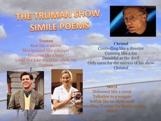 Truman
                                                           Christof
         Real like a mirror
                                                  Controlling like a director
    Manipulated like a puppet
                                                     Cunning like a fox
       Innocent like a baby
                                                    Deceitful as the devil
Lived in a fake world his whole life
                                            Only cares for the success of his show
              Truman
                                                           Christof



                                                        Meryl
                                              Dishonest like a crook
                                               Talkative as a magpie
                                             Selfish like an alpha wolf
                                       Controlling Truman for financial gain
                                                        Meryl
 