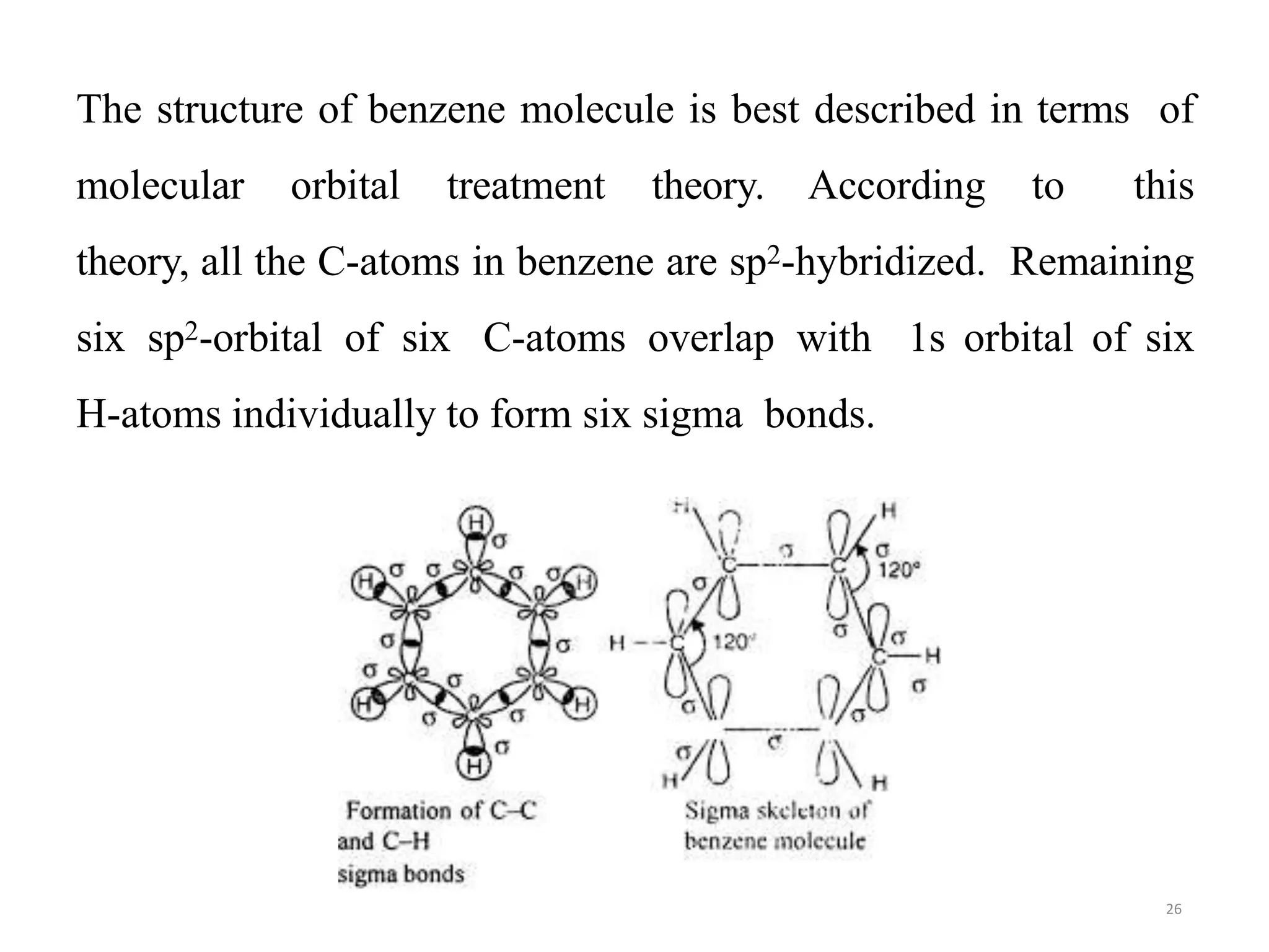 The structure of benzene molecule is best described in terms of
molecular orbital treatment theory. According to this
theory, all the C-atoms in benzene are sp2-hybridized. Remaining
six sp2-orbital of six C-atoms overlap with 1s orbital of six
H-atoms individually to form six sigma bonds.
26
 