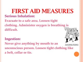 Serious Inhalation: Evacuate to a safe area. Loosen tight clothing. Administer oxygen is breathing is difficult. Ingestion: Never give anything by mouth to an unconscious person. Loosen tight clothing like a belt, collar or tie. FIRST AID MEASURES 
