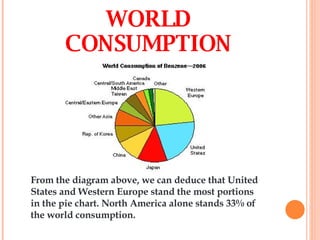 WORLD CONSUMPTION From the diagram above, we can deduce that United States and Western Europe stand the most portions in the pie chart. North America alone stands 33% of the world consumption. 