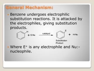General Mechanism:
 Benzene undergoes electrophilic
substitution reactions. It is attacked by
the electrophiles, giving substitution
products.
 Where E+ is any electrophile and Nu:-
nucleophile.
H
E
+ E-Nu H-Nu+catalyst
Substitution
Product
 