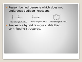  Reason behind benzene which does not
undergoes addition reactions.
 Resonance hybrid is more stable than
contributing structures.
C C
Bond length:1.54 A
C C
Bond length:1.34 A Bond length:1.40 A
 