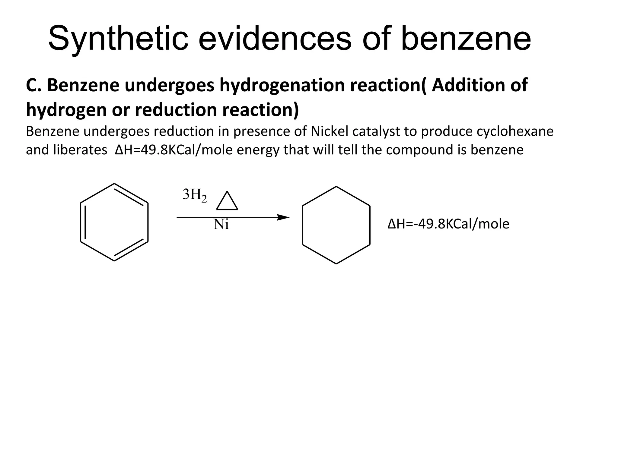 Synthetic evidences of benzene
C. Benzene undergoes hydrogenation reaction( Addition of
hydrogen or reduction reaction)
Benzene undergoes reduction in presence of Nickel catalyst to produce cyclohexane
and liberates ∆H=49.8KCal/mole energy that will tell the compound is benzene
Ni
3H2
∆H=-49.8KCal/mole
 