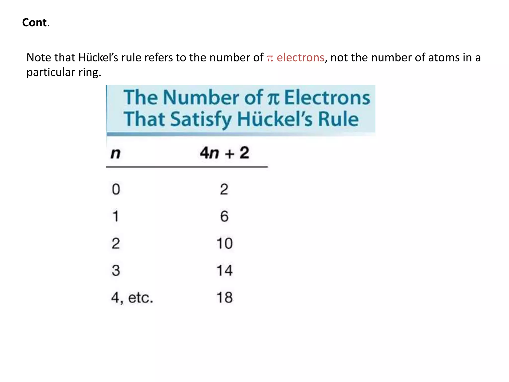 Cont.
Note that Hückel’s rule refers to the number of  electrons, not the number of atoms in a
particular ring.
 