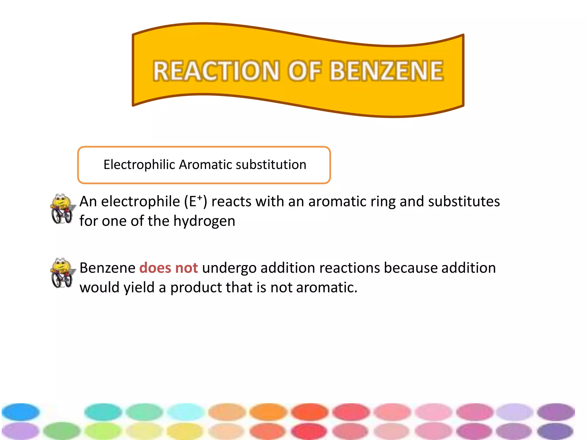 An electrophile (E⁺) reacts with an aromatic ring and substitutes
for one of the hydrogen
Benzene does not undergo addition reactions because addition
would yield a product that is not aromatic.
Electrophilic Aromatic substitution
 