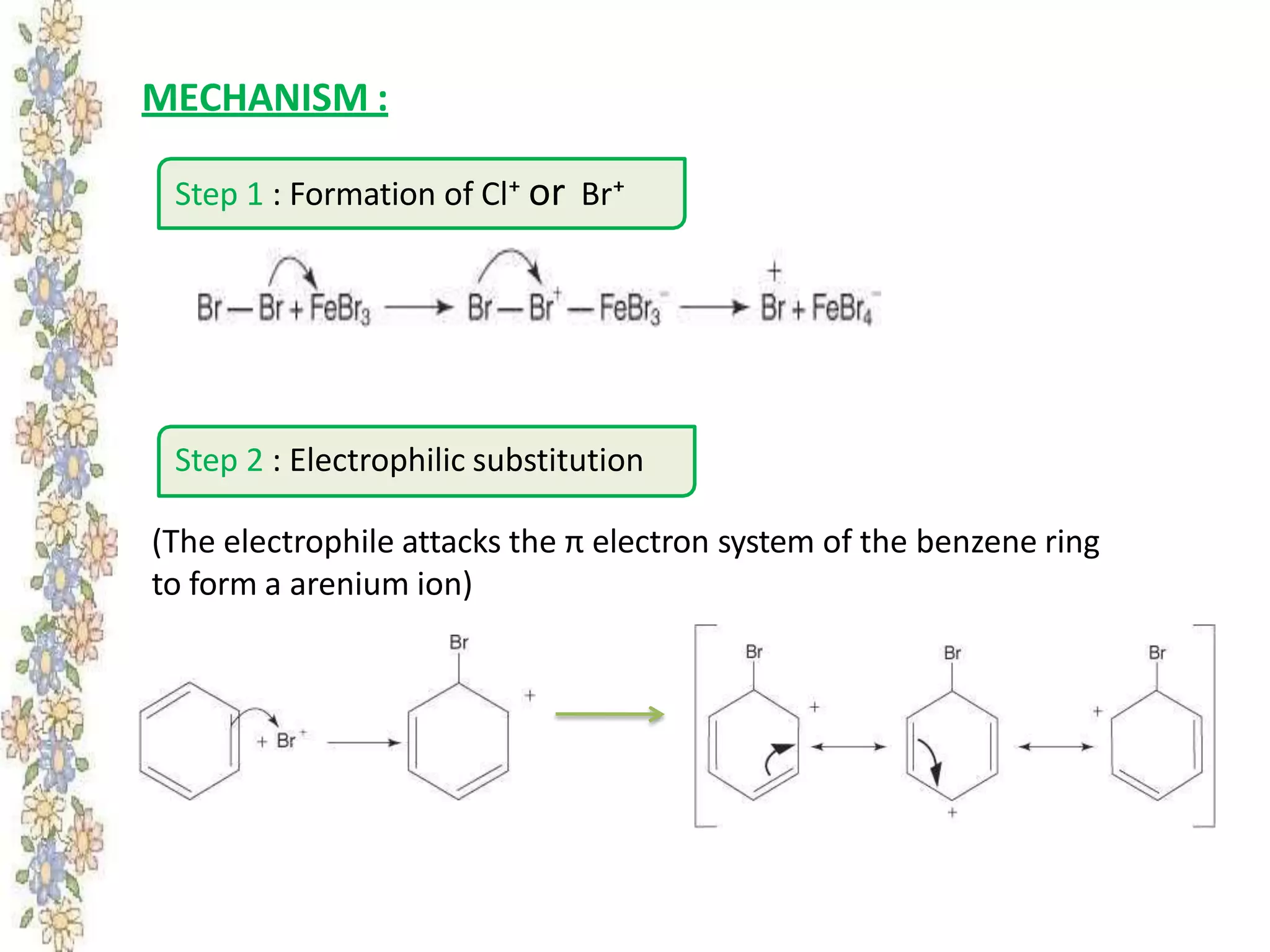 MECHANISM :
Step 1 : Formation of Cl⁺ or Br⁺
Step 2 : Electrophilic substitution
(The electrophile attacks the π electron system of the benzene ring
to form a arenium ion)
 