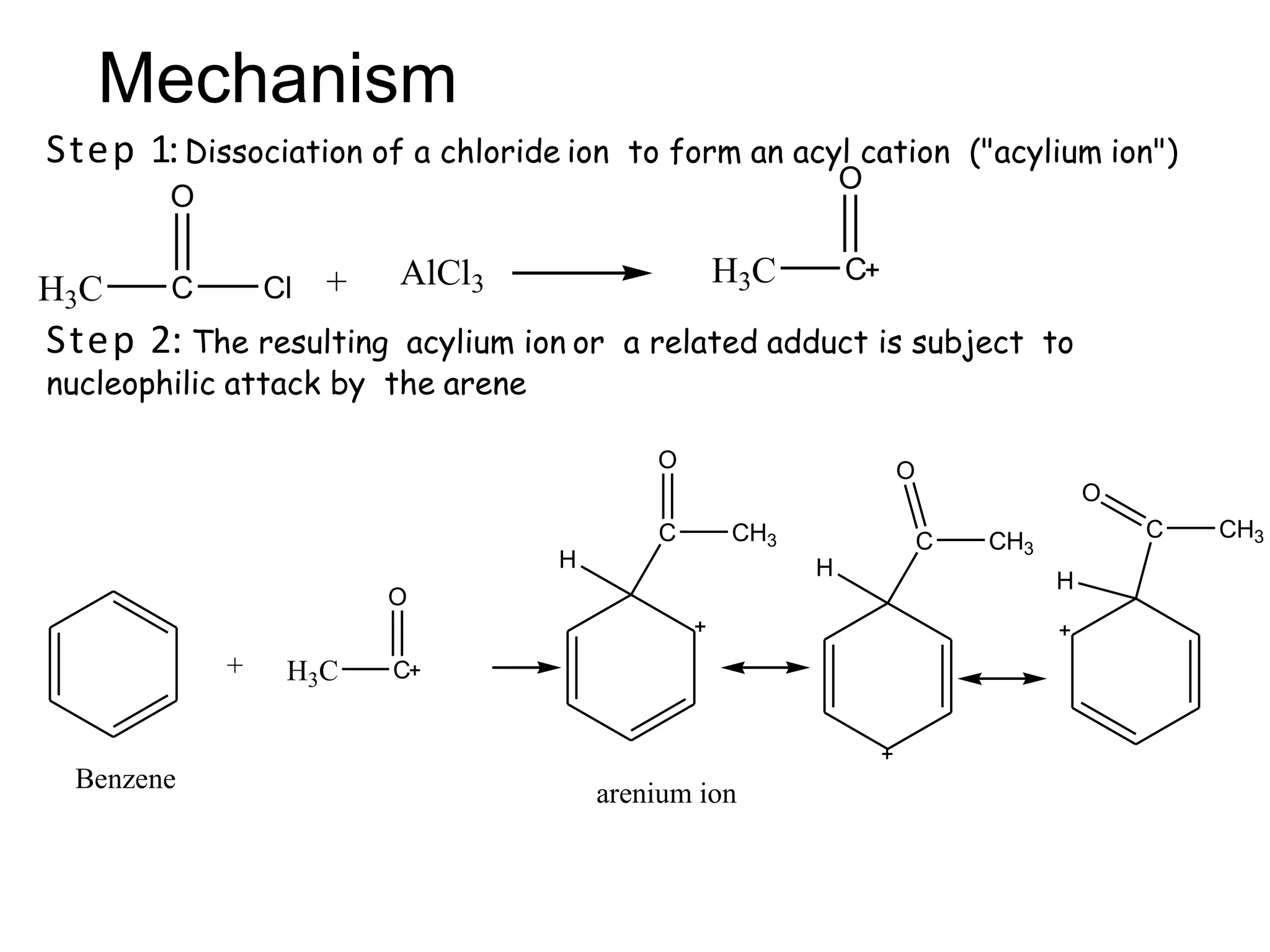 Mechanism
Step 1:Dissociation of a chloride ion to form an acyl cation ("acylium ion")
H3C C
O
Cl + AlCl3 H3C C
O
Step 2: The resulting acylium ion or a related adduct is subject to
nucleophilic attack by the arene
+
H
C
H
C
H
C
arenium ionBenzene
H3C C
O
O
CH3
O
CH3
O
CH3
 
