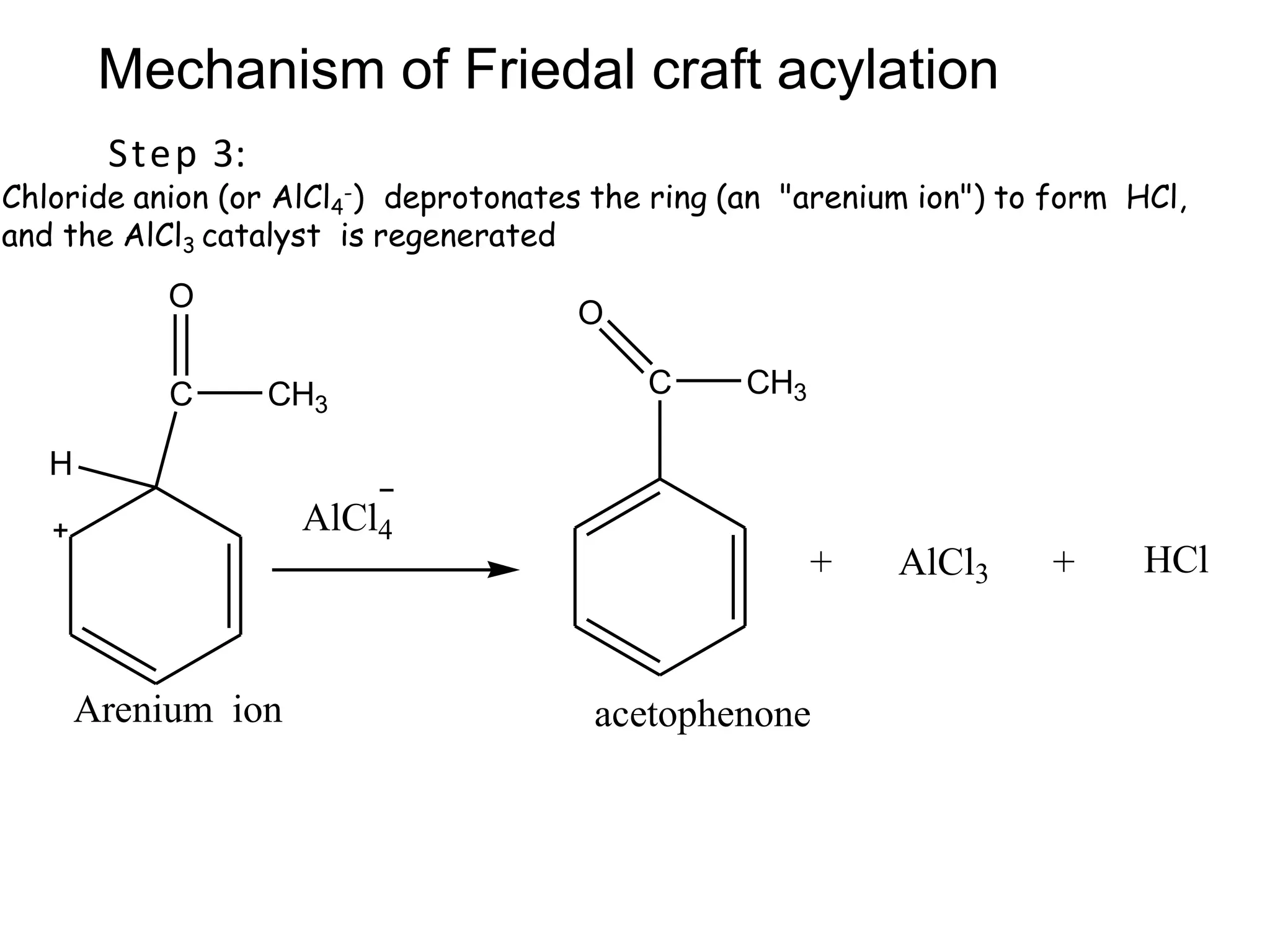 Mechanism of Friedal craft acylation
Step 3:
Chloride anion (or AlCl4
-) deprotonates the ring (an "arenium ion") to form HCl,
and the AlCl3 catalyst is regenerated
H
C
AlCl4
C
Arenium ion
+ AlCl3 + HCl
O
CH3
O
CH3
acetophenone
 