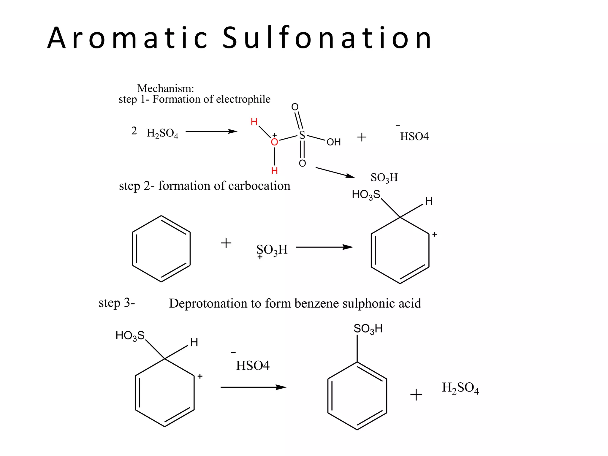 Aro ma tic S u l f o n a t i o n
H2SO4
2 HSO4S
O
OH
O
O
H
H
SO3H
Mechanism:
step 1- Formation of electrophile
SO3H
HO3S
H
step 2- formation of carbocation
HO3S
H
HSO4
SO3H
H2SO4
Deprotonation to form benzene sulphonic acidstep 3-
 
