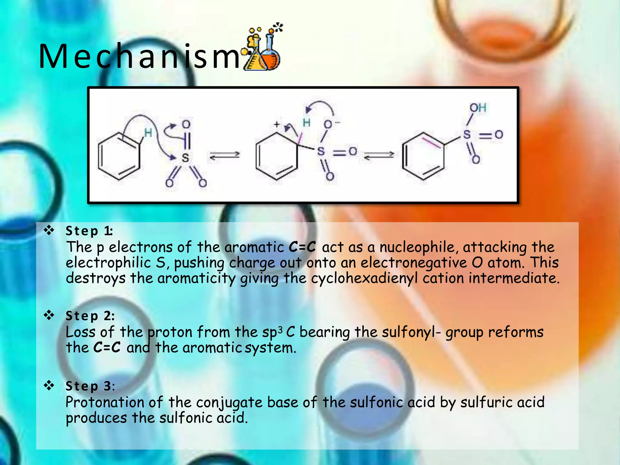 Mechanism:
 Step 1:
The p electrons of the aromatic C=C act as a nucleophile, attacking the
electrophilic S, pushing charge out onto an electronegative O atom. This
destroys the aromaticity giving the cyclohexadienyl cation intermediate.
 Step 2:
Loss of the proton from the sp3 C bearing the sulfonyl- group reforms
the C=C and the aromatic system.
 Step 3:
Protonation of the conjugate base of the sulfonic acid by sulfuric acid
produces the sulfonic acid.
 