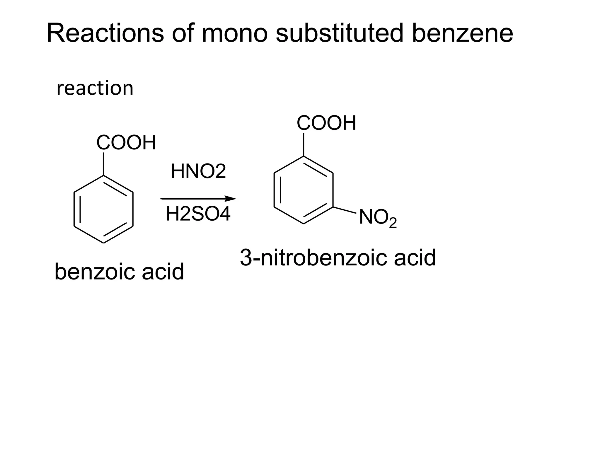 Reactions of mono substituted benzene
reaction
COOH
COOH
NO2
3-nitrobenzoic acid
benzoic acid
HNO2
H2SO4
 