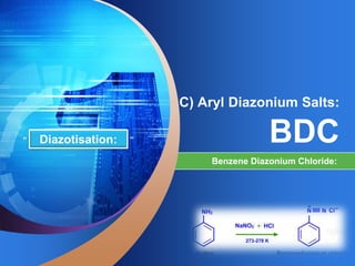 LOGO
“ Add your company slogan ”
C) Aryl Diazonium Salts:
BDC
Benzene Diazonium Chloride:
Diazotisation:
 