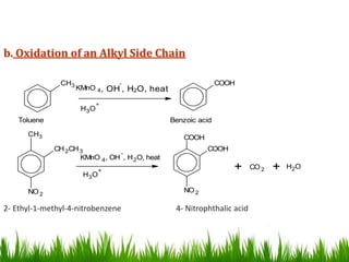 b. Oxidation of an Alkyl Side Chain
CH3
KMnO 4, OH
-
, H2O, heat
Toluene
COOH
Benzoic acid
CH2CH3
CH3
NO2
KMnO 4, OH
-
, H2O, heat
COOH
COOH
NO2
+ + OH2CO2
H3O
+
H3O
+
2- Ethyl-1-methyl-4-nitrobenzene 4- Nitrophthalic acid
 