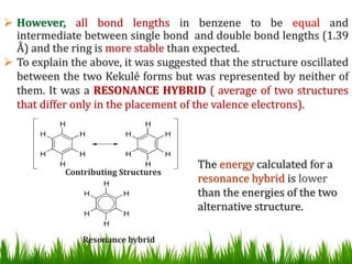  However, all bond lengths in benzene to be equal and
intermediate between single bond and double bond lengths (1.39
Å) and the ring is more stable than expected.
 To explain the above, it was suggested that the structure oscillated
between the two Kekulé forms but was represented by neither of
them. It was a RESONANCE HYBRID ( average of two structures
that differ only in the placement of the valence electrons).
Contributing Structures
Resonance hybrid
The energy calculated for a
resonance hybrid is lower
than the energies of the two
alternative structure.
 
