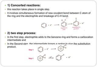  1) Concerted reactions:
 this reaction takes place in single step.
 It involves simultaneous formation of new covalent bond between C atom of
the ring and the electrophile and breakage of C-H bond.
 2) two step process:
 In the first step, electrophile adds to the benzene ring and forms a carbocation
intermediate and
 In the Second step, the intermediate looses a proton to give the substitution
product.
 