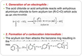 1. Generation of an electrophile :
 The acid chloride or acid anhydride reacts with anhydrous
aluminium chloride to form acylium ion (R-C=O) which acts
as an electrophile.
 2. Formation of a carbocation intermediate :
 The acylium ion then attacks the benzene ring resulting in
the formation of carbocation which is stabilized by
resonance.
 