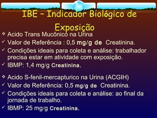 IBE – Indicador Biológico de
Exposição
 Acido Trans Mucônico na Urina
 Valor de Referência : 0,5 mg/g de Creatinina.
 Condições ideais para coleta e análise: trabalhador
precisa estar em atividade com exposição.
 IBMP: 1,4 mg/g Creatinina.
 Acido S-fenil-mercapturico na Urina (ACGIH)
 Valor de Referência: 0,5 mg/g de Creatinina.
 Condições ideais para coleta e análise: ao final da
jornada de trabalho.
 IBMP: 25 mg/g Creatinina.
 