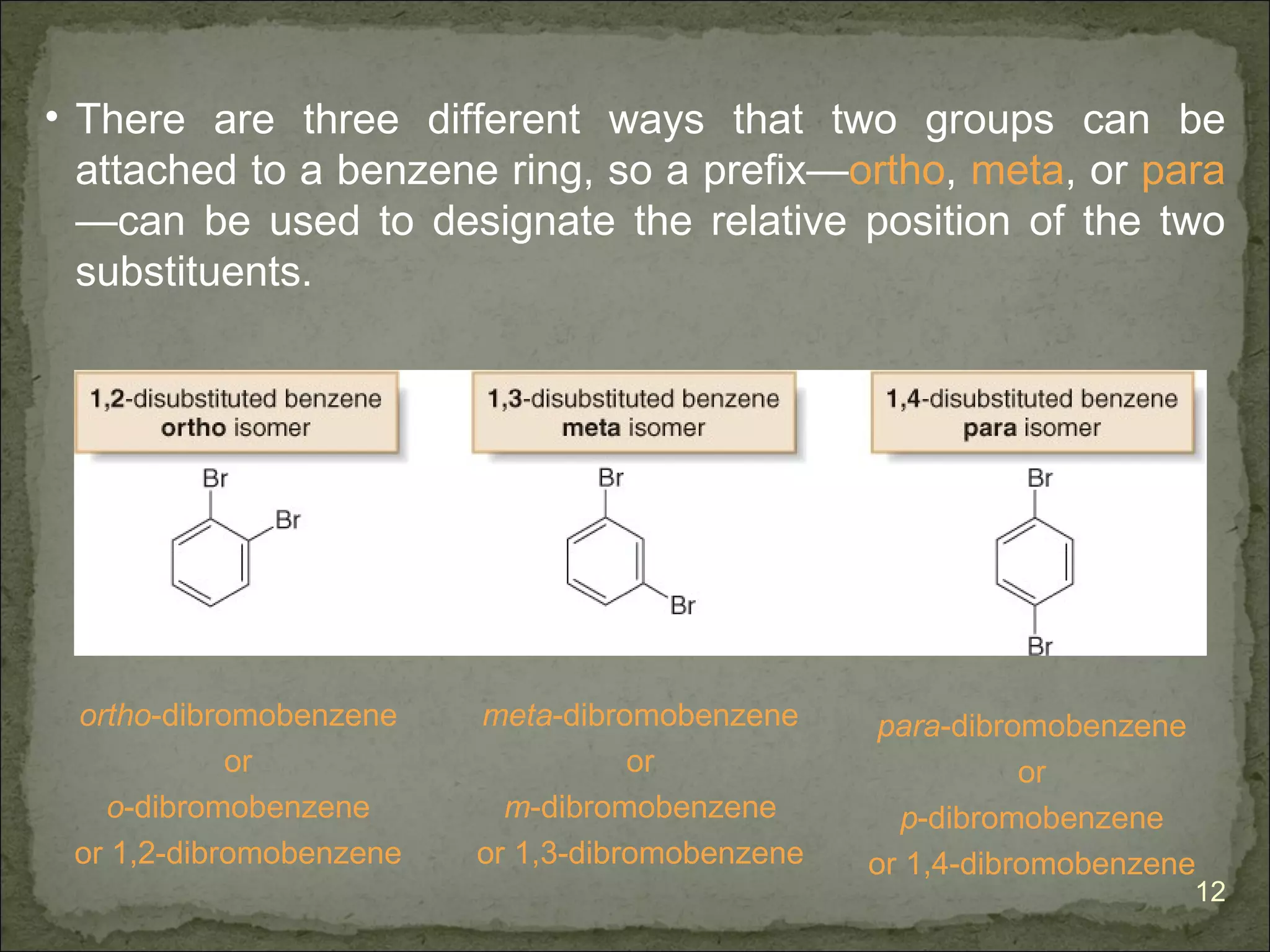 • There are three different ways that two groups can be
  attached to a benzene ring, so a prefix—ortho, meta, or para
  —can be used to designate the relative position of the two
  substituents.




 ortho-dibromobenzene    meta-dibromobenzene      para-dibromobenzene
            or                      or                      or
   o-dibromobenzene        m-dibromobenzene        p-dibromobenzene
 or 1,2-dibromobenzene   or 1,3-dibromobenzene   or 1,4-dibromobenzene
                                                                     12
 