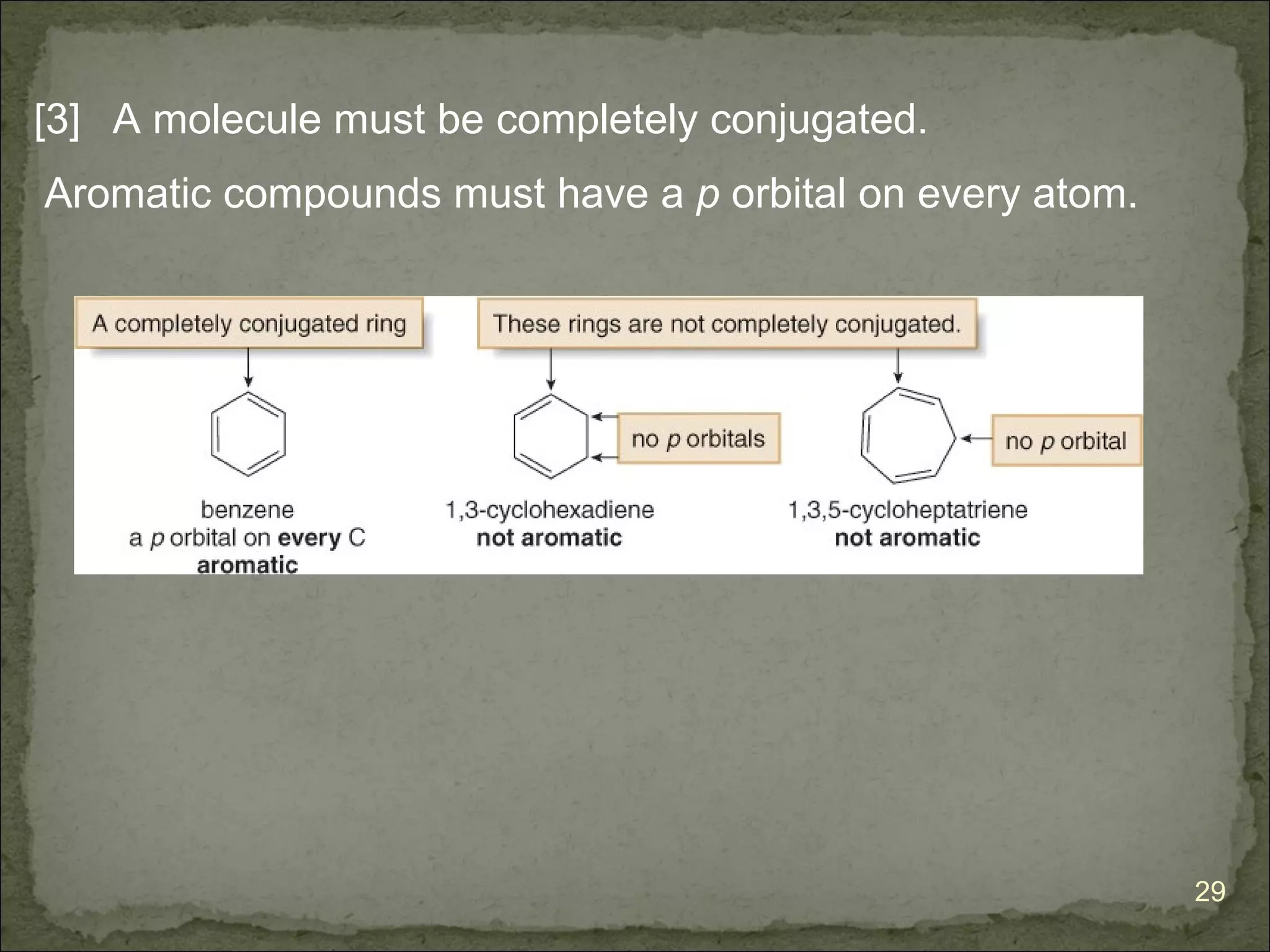 [3] A molecule must be completely conjugated.
Aromatic compounds must have a p orbital on every atom.




                                                          29
 