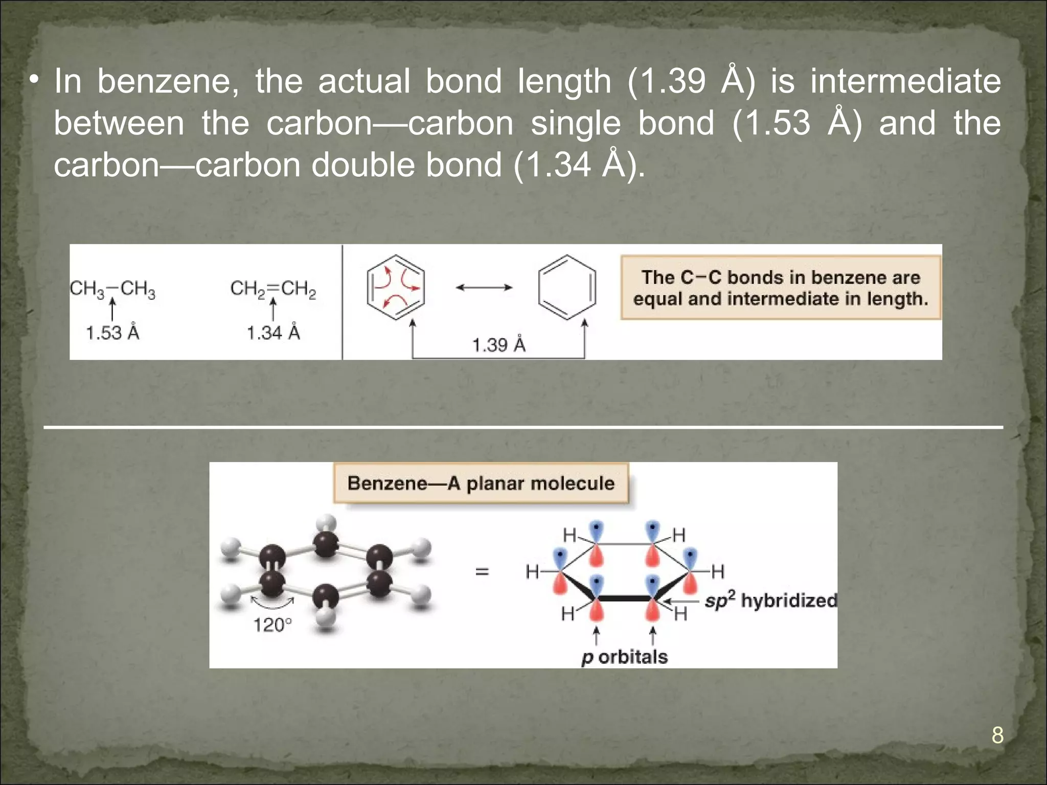 • In benzene, the actual bond length (1.39 Å) is intermediate
  between the carbon—carbon single bond (1.53 Å) and the
  carbon—carbon double bond (1.34 Å).




                                                            8
 