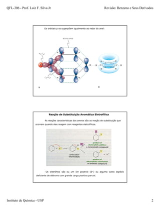 QFL-306 - Prof. Luiz F. Silva Jr                                                    Revisão: Benzeno e Seus Derivados




                             Os orbitais p se superpõem igualmente ao redor do anel:




                                 Reação de Substituição Aromática Eletrofílica

                             As reações características dos arenos são as reação de substituição que
                    ocorrem quando eles reagem com reagentes eletrofílicos.




                              Os eletrófilos são ou um íon positivo (E+) ou alguma outra espécie
                     deficiente de elétrons com grande carga positiva parcial.




Instituto de Química - USP                                                                                         2
 