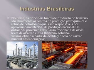  No Brasil, as principais fontes de produção do benzeno
são atualmente os centros de produção petroquímica e
refino de petróleo, os quais são responsáveis por
aproximadamente 95% da produção nacional. Os
outros 5% provém da destilação fracionada de óleos
leves de alcatrão e BTX (benzeno, tolueno,
xileno), obtido a partir da destilação seca do carvão
mineral nas siderúrgicas.
 