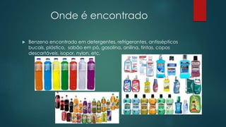 Onde é encontrado
 Benzeno encontrado em detergentes, refrigerantes, antissépticos
bucais, plástico, sabão em pó, gasolina, anilina, tintas, copos
descartáveis, isopor, nylon, etc.
 