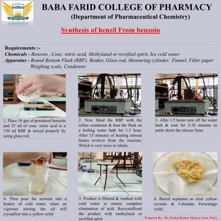 BABA FARID COLLEGE OF PHARMACY
(Department of Pharmaceutical Chemistry)
Synthesis of benzil From benzoin
Requirements :-
Chemicals - Benzoin , Conc. nitric acid, Methylated or rectified spirit, Ice cold water
Apparatus - Round Bottom Flask (RBF), Beaker, Glass rod, Measuring cylinder, Funnel, Filter paper
Weighing scale, Condenser
1. Place 10 gm of powdered benzoin
and 25 ml of conc. nitric acid in a
150 ml RBF & mixed properly by
using glass rod.
4. Then pour the mixture into a
beaker of cold water, when on
vigorous stirring the oil will
crystallize into a yellow solid
2. Now fitted the RBF with the
reflux condenser & heat the flask on
a boiling water bath for 1.5 hour.
After 15 minutes of heating nitrous
fumes evolves from the reaction.
Which is very toxic to inhale.
3. After 1.5 hours turn off the water
bath & wait for 5-10 minutes to
settle down the nitrous fume
Prepared By:- Mr. Pankaj Kumar Maurya (Asst. Prof.)
5. Product is filtered & washed with
cold water to ensure complete
elimination of acid. Recrystallized
the product with methylated or
rectified spirit
6. Benzil separates as clear yellow
crystals & Calculate Percentage
yield.
 