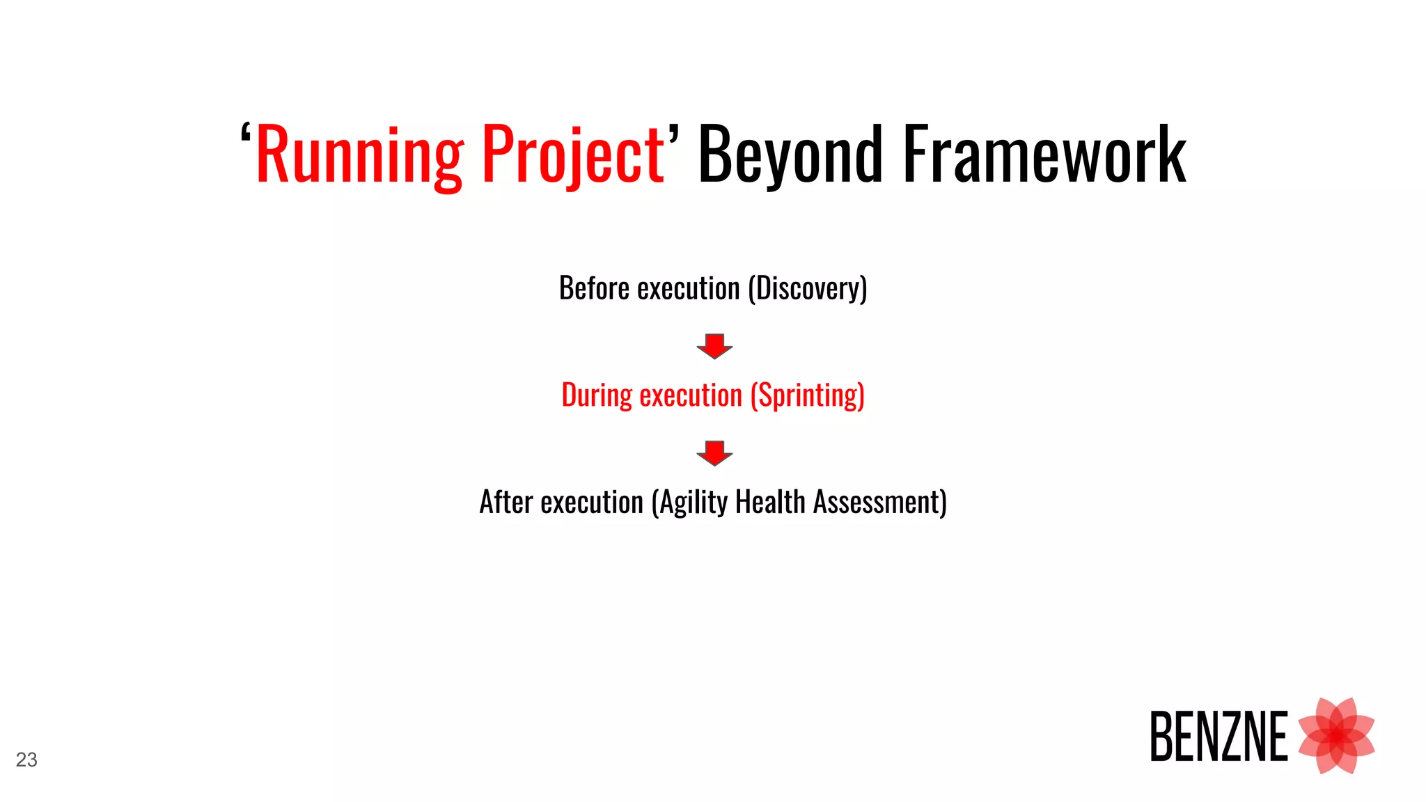 ‘Running Project’ Beyond Framework
Before execution (Discovery)
During execution (Sprinting)
After execution (Agility Health Assessment)
23
 