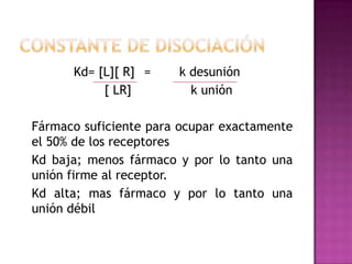 Kd= [L][ R] =    k desunión
           [ LR]         k unión

Fármaco suficiente para ocupar exactamente
el 50% de los receptores
Kd baja; menos fármaco y por lo tanto una
unión firme al receptor.
Kd alta; mas fármaco y por lo tanto una
unión débil
 