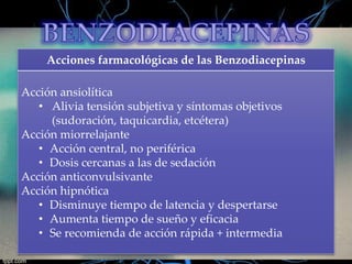 Acciones farmacológicas de las Benzodiacepinas
Acción ansiolítica
• Alivia tensión subjetiva y síntomas objetivos
(sudoración, taquicardia, etcétera)
Acción miorrelajante
• Acción central, no periférica
• Dosis cercanas a las de sedación
Acción anticonvulsivante
Acción hipnótica
• Disminuye tiempo de latencia y despertarse
• Aumenta tiempo de sueño y eficacia
• Se recomienda de acción rápida + intermedia

 