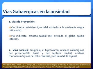 Vias Gabaergicas en la ansiedad
1.Vías de Proyección:
a)Vía directa: estriato-nigral (del estriado a la sustancia negra
reticulada).
b)Vía indirecta: estriato-palidal (del estriado al globo palido
interno).
2. Vías Locales: amígdala, el hipotálamo, núcleos colinérgicos
del prosencéfalo basal y del septum medial, núcleos
monoaminérgicos del tallo cerebral, y en la médula espinal
Amit Etkin, M.D., Ph.D, Tor D. Wager, Ph.D: Functional Neuroimaging of Anxiety: A Meta-Analysis of Emotional
Processing in PTSD, Social Anxiety Disorder, and Specific Phobia; Am J Psychiatry 2012; 164:1476–1488
 