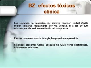 •

Los síntomas de depresión del sistema nervioso central (SNC)
suelen iniciarse rápidamente por vía venosa, o a los 30–120
minutos por vía oral, dependiendo del compuesto.

•

Efectos comunes: ataxia, letargia, lenguaje incomprensible.

•

Se puede presentar Coma después de 12-36 horas postingesta.
Las Muertes son raras.

 