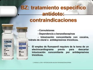- Convulsiones
- Dependencia a benzodiacepinas
- Intoxicación concomitante con cocaína,
hidrato de cloral o antidepresivos tricíclicos.
•

El empleo de flumazenil requiere de la toma de un
electrocardiograma
previo
para
descartar
intoxicación concomitante por antidepresivos
tricíclicos.
S. NOGUE y COlS • INTOXICACION AGUDA POR BENZODIACEPINAS

 