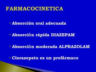  Absorción oral adecuada
 Absorción rápida DIAZEPAM
 Absorción moderada ALPRAZOLAM
 Clorazepato es un profármaco
 