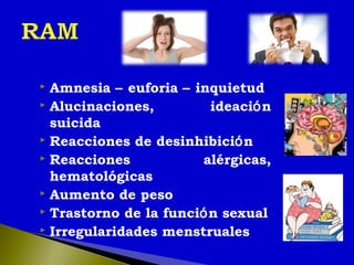  Amnesia – euforia – inquietud
 Alucinaciones, ideación
suicida
 Reacciones de desinhibición
 Reacciones alérgicas,
hematológicas
 Aumento de peso
 Trastorno de la función sexual
 Irregularidades menstruales
 