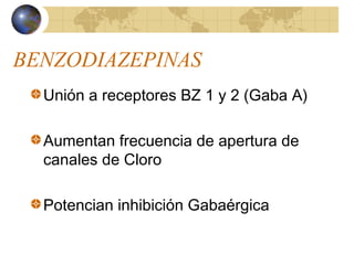 BENZODIAZEPINAS
Unión a receptores BZ 1 y 2 (Gaba A)
Aumentan frecuencia de apertura de
canales de Cloro
Potencian inhibición Gabaérgica
 