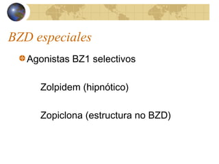 BZD especiales
Agonistas BZ1 selectivos
Zolpidem (hipnótico)
Zopiclona (estructura no BZD)
 