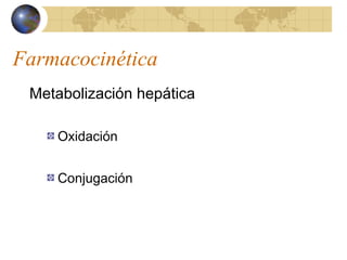 Farmacocinética
Metabolización hepática
Oxidación
Conjugación
 